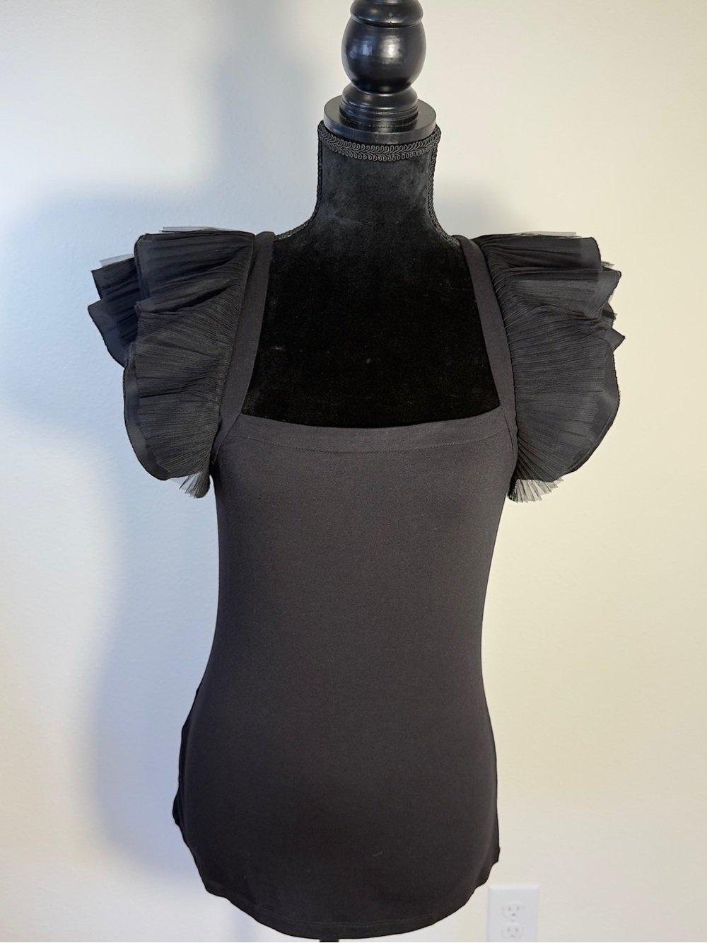 BCBG Maxazria Women Black Ruffle Sleeve Square Neck Women's Top